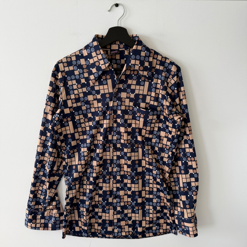 Vintage Joel Cal-Made 70s Disco Shirt Navy Tan Geometric Polyester Mens Medium